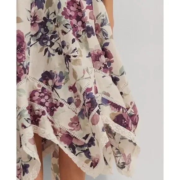 Lauren Ralph Lauren Floral Handkerchief-Hem Midi Dress Cream Multi Size 6 NWT